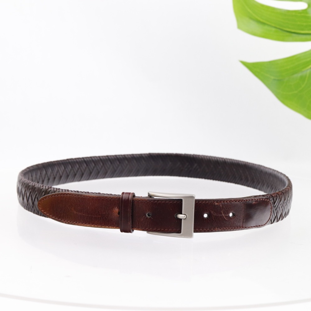 Columbia Mens Belt Size 34 Brown Leather Braided Woven Casual Adjustable Buckle